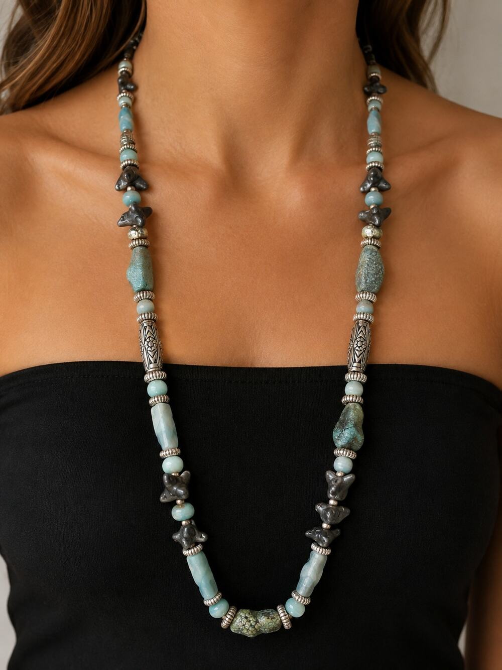 Vintage Handmade Ethnic Tribal Boho Sterling Silver 34" Necklace Turquoise Stone